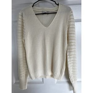Rachel Zoe V-Neck Knit Crochet Sweater Long Sleeve Cream Size M